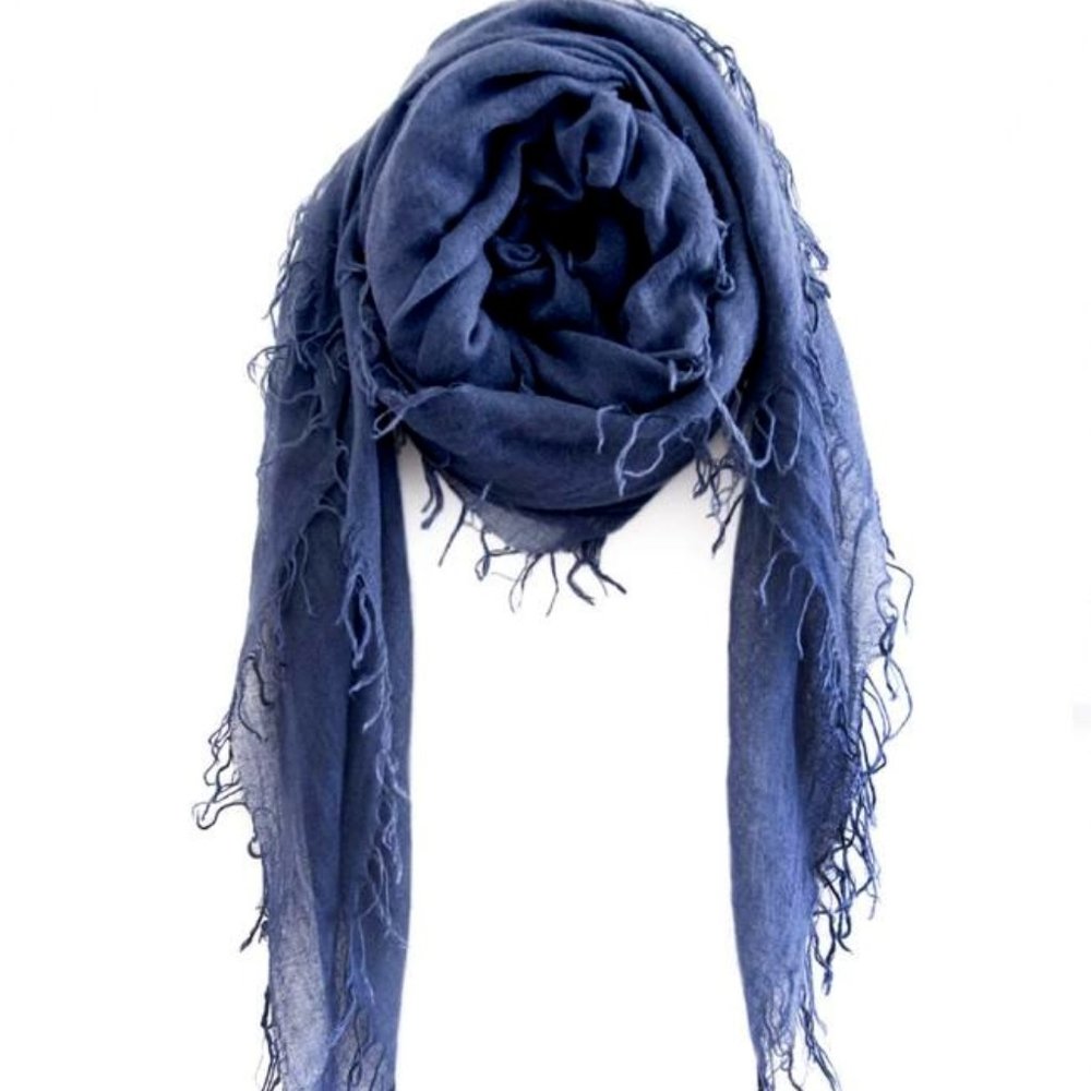NWT‎ Yu Edit Made in Italy Modal Blue Scarf 74"x30"Fringe Frayed Edges Dyed Look